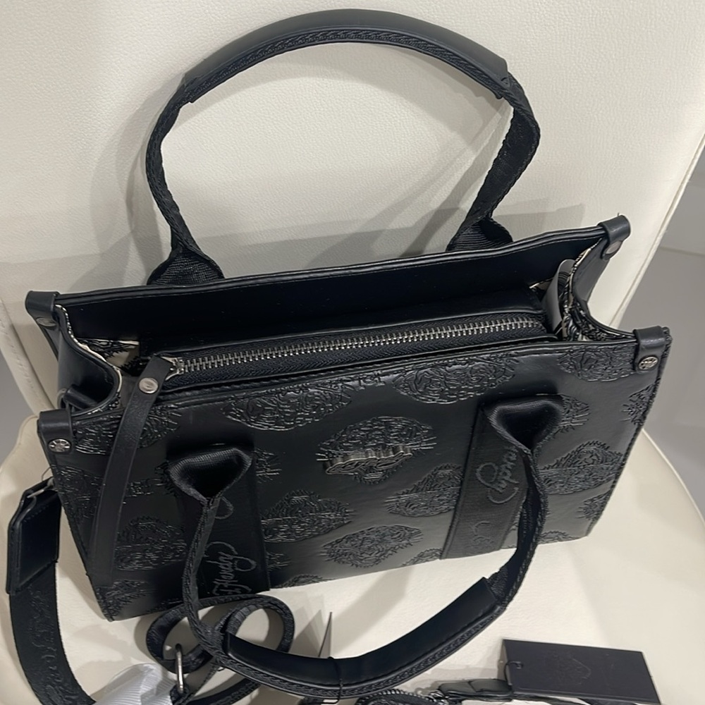 Ed Hardy Black Embossed Tiger Print Satchel Crossbody Bag &  Wallet/Wristlet - Picture 4 of 10